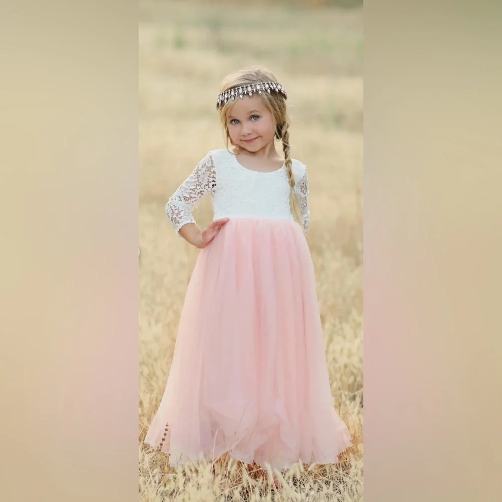 Girls White Lace‎ and Pink Tulle Long Sleeve Flower Girl Special Occasion Dress